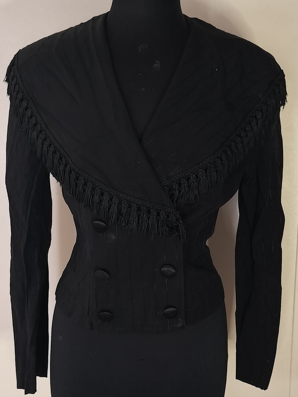 Black Fringe-Trim Double-Breasted Women's Blazer
